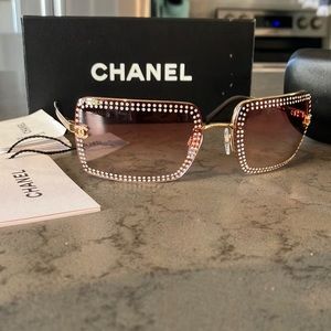Chanel stoned glasses . With case box and paperwork . No scratches like new